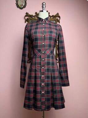 Fred Perry Black Tartan Plaid Button Down Collar Pleated Mini Dress 6 UK